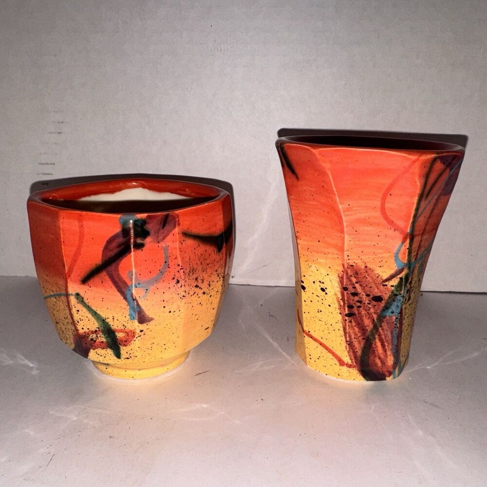 Michael Kifer? Studio Art Pottery Vase & Bowl Signed Abstract Modern Pair Folk